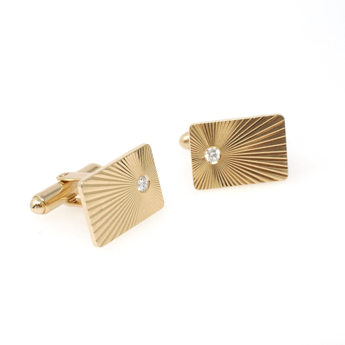 Vintage Diamond Cufflinks - Modernist Era 14k Yellow Gold .25 CTW Engraved Sunburst Bridal Accessory - Circa 1970s Fine Statement Jewelry