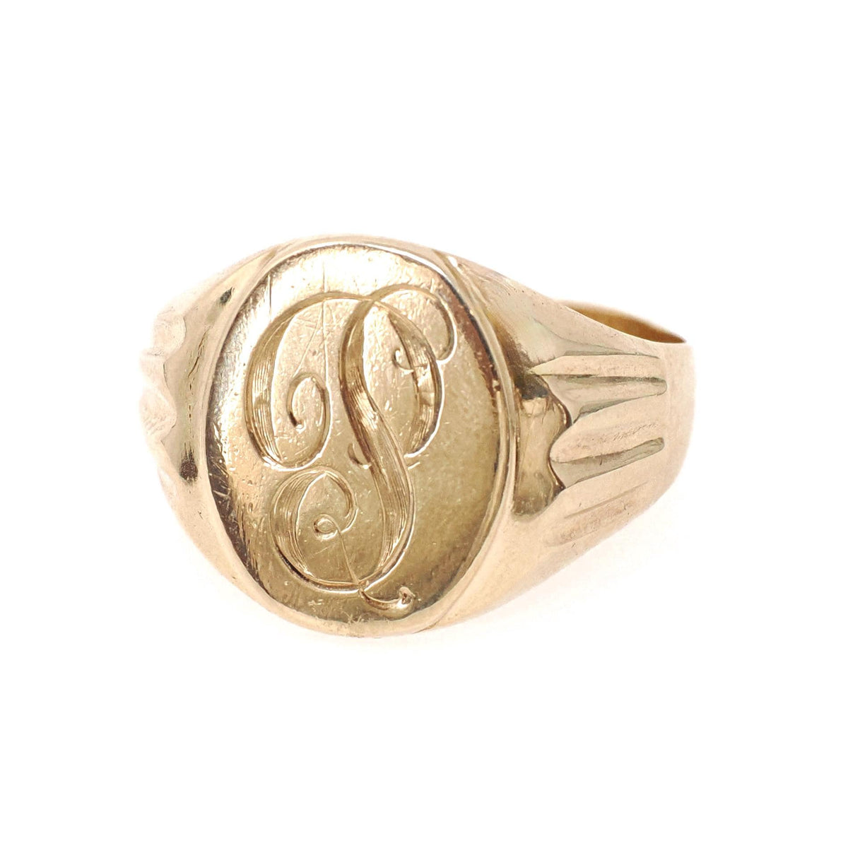 Vintage Letter "P" Ring - Retro 10k Yellow Gold Engraved Initial Script Signet - Circa 1940s Era Size 10 Unisex Fine Statement Jewelry