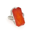 Carnelian Filigree Ring - Art Deco Era 14k White Gold Natural Orange Rectangular Gemstone Shield - Circa 1930s Size 5.5 Fine Floral Jewelry