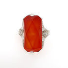 Carnelian Filigree Ring - Art Deco Era 14k White Gold Natural Orange Rectangular Gemstone Shield - Circa 1930s Size 5.5 Fine Floral Jewelry