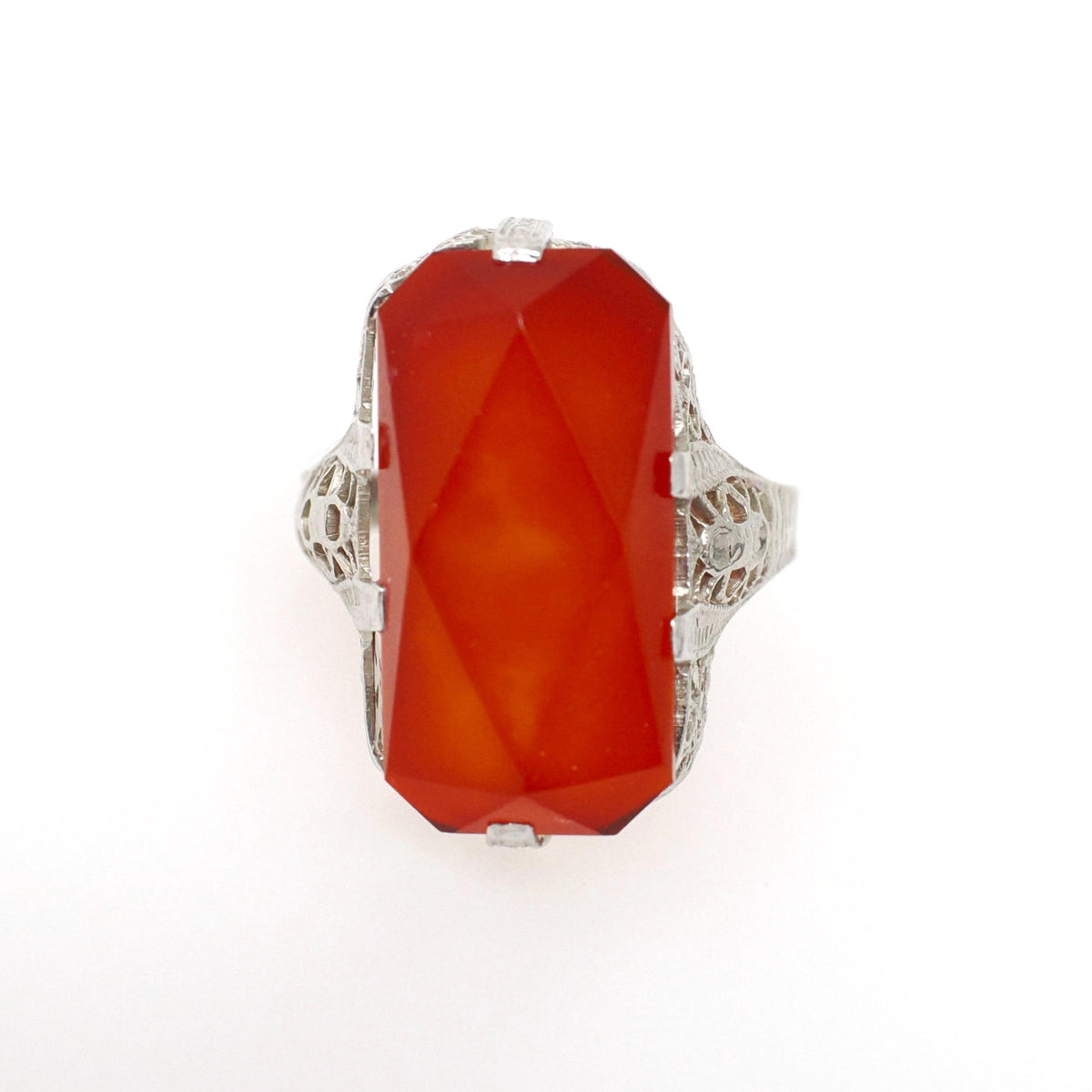 Carnelian Filigree Ring - Art Deco Era 14k White Gold Natural Orange Rectangular Gemstone Shield - Circa 1930s Size 5.5 Fine Floral Jewelry