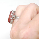 Carnelian Filigree Ring - Art Deco Era 14k White Gold Natural Orange Rectangular Gemstone Shield - Circa 1930s Size 5.5 Fine Floral Jewelry