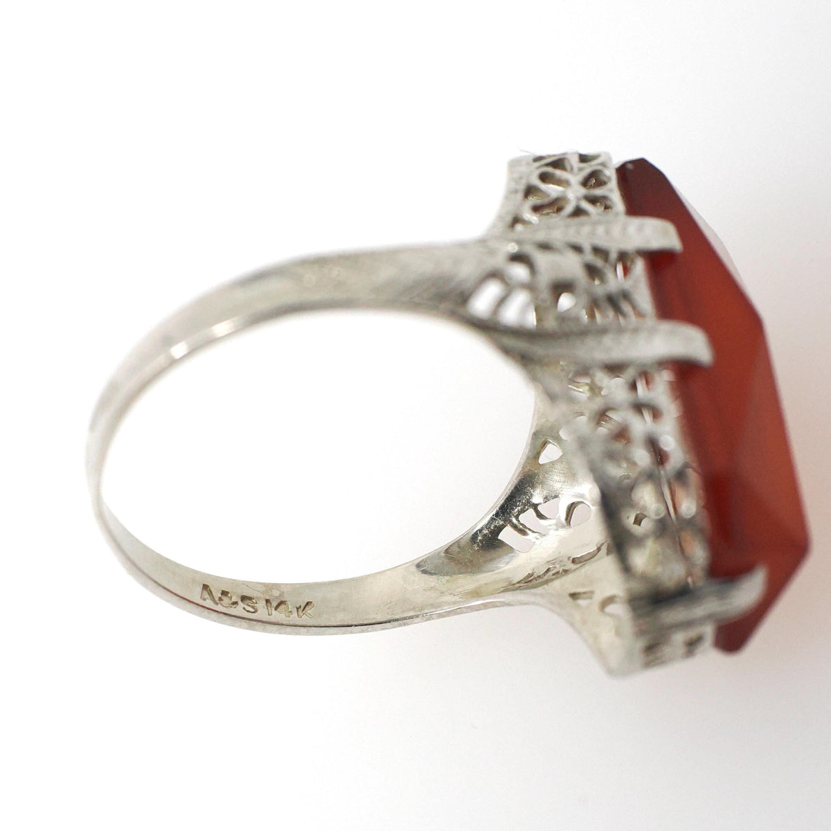 Carnelian Filigree Ring - Art Deco Era 14k White Gold Natural Orange Rectangular Gemstone Shield - Circa 1930s Size 5.5 Fine Floral Jewelry