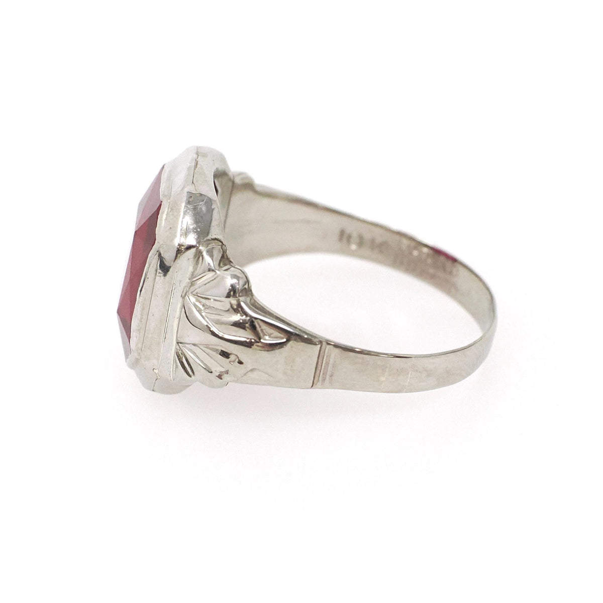 Art Deco Ring - Vintage 10k White Gold Created Red Ruby Men's Unisex Ring - Circa 1930s Size 9 1/2 July Birthstone Statement Fine Jewelry