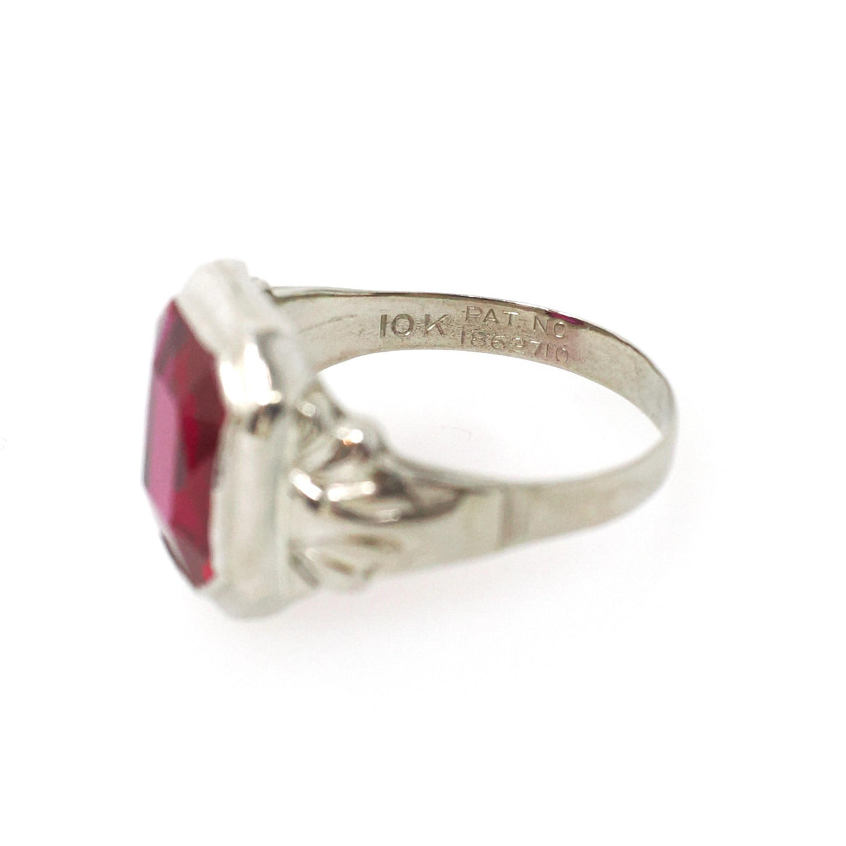Art Deco Ring - Vintage 10k White Gold Created Red Ruby Men's Unisex Ring - Circa 1930s Size 9 1/2 July Birthstone Statement Fine Jewelry