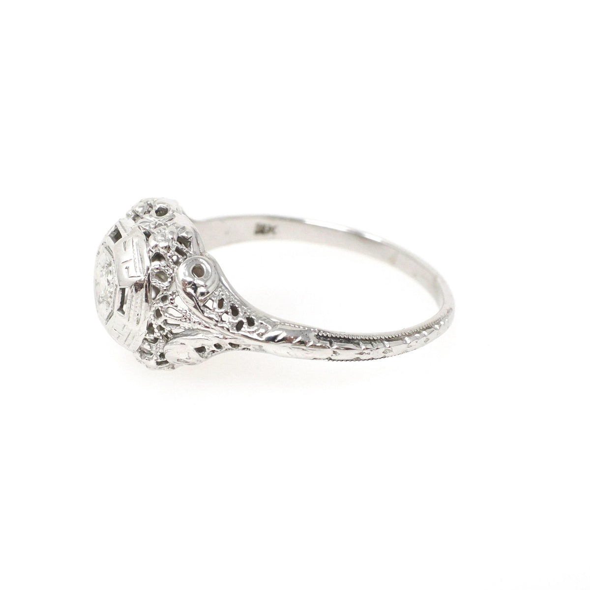Vintage Diamond Ring - Art Deco 18k White Gold Natural .06 CT Engagement Solitaire - Circa 1930s Size 8 Octagonal Filigree Fine Jewelry