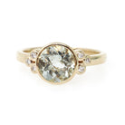 Prasiolite Diamond Ring - Contemporary 14k Yellow Gold Round Natural Green Amethyst Quartz - Modern Circa 2000s Era Size 7 1/4 Fine Jewelry