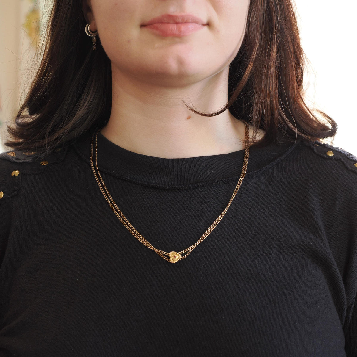 Antique Lorgnette Chain - Edwardian Gold Filled Red Glass Heart Necklace - Vintage Circa 1900s Era Curb Links Dog Clip Charm Slide Jewelry