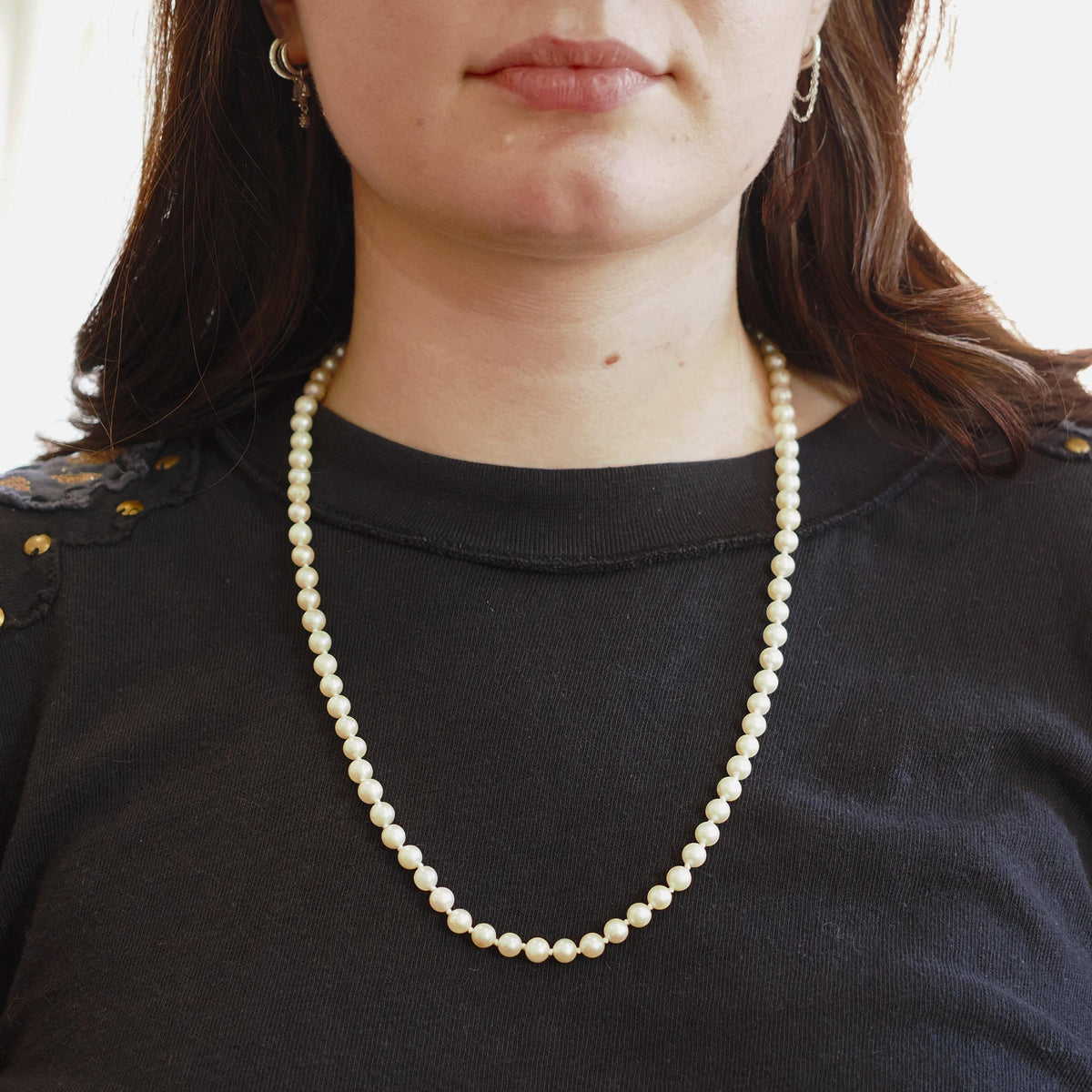Cultured Pearl Necklace - Contemporary 14k Yellow Gold Fish Hook Clasp Knotted Strand - Estate Circa 1990s Organic Gem 24" Inch 90s Jewelry