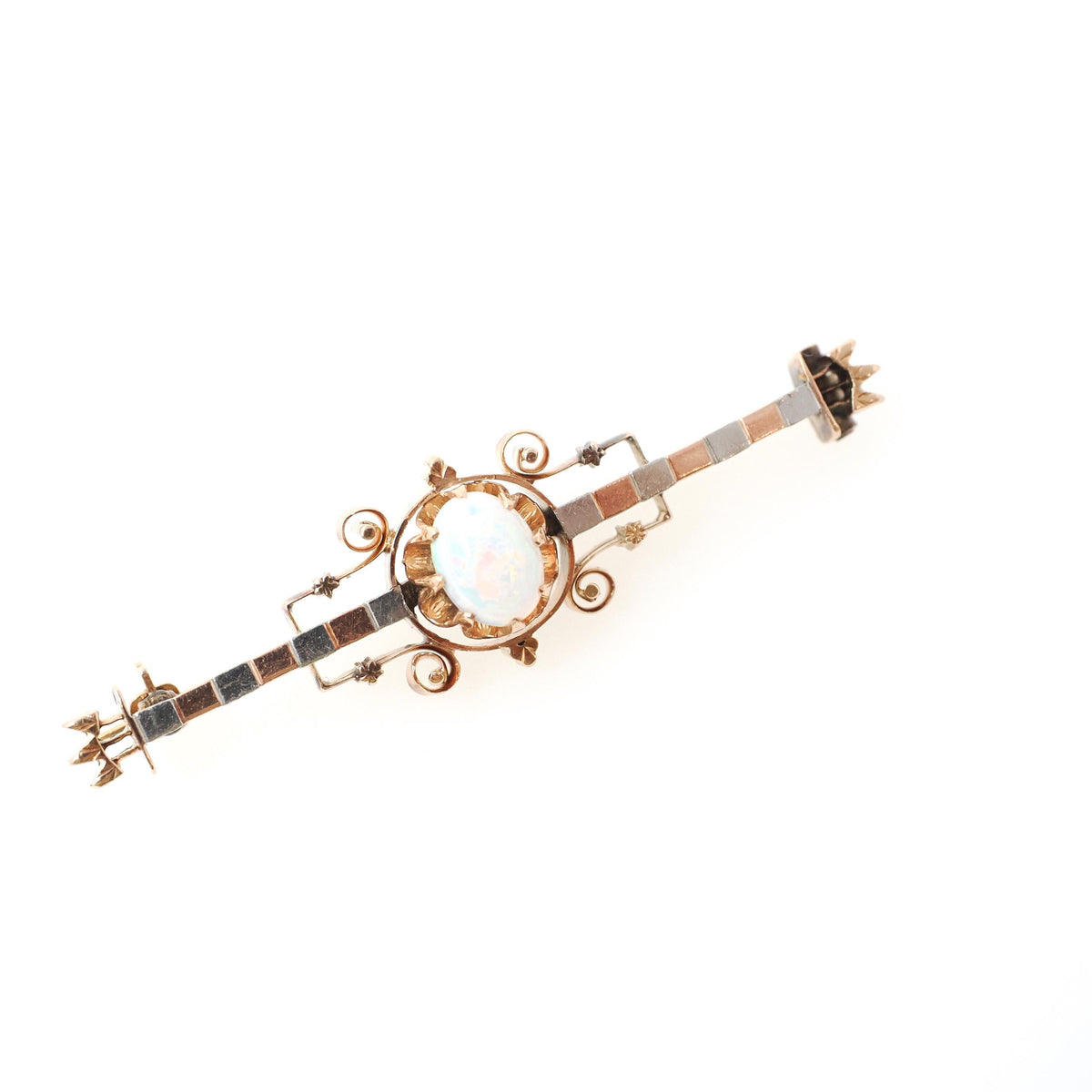 Opal Bar Pin - Victorian 14k Rose & White Gold Cabochon Stone Brooch - Antique Circa 1890s Era Dainty Gemstone Statement Fine Accessory