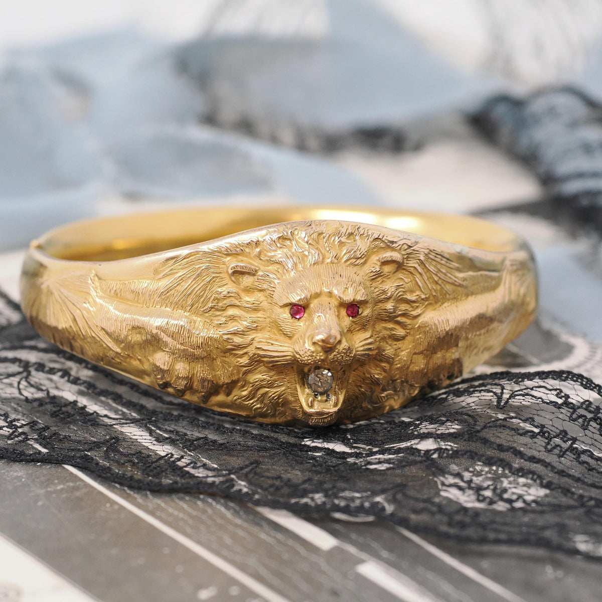 Edwardian Lion Bracelet - Antique Gold Filled Rhinestone Statement Bangle - Patented December 26 1905 Bates & B Fashion Accessory Jewelry