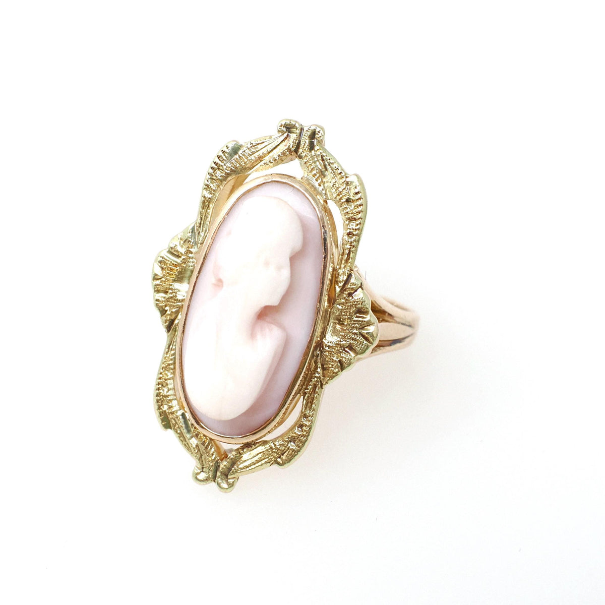 Art Nouveau Cameo Ring - Edwardian 10k Yellow Gold Carved Oval Coral Woman Profile - Circa 1910s Size 5 1/4 Shield Fine Statement Jewelry