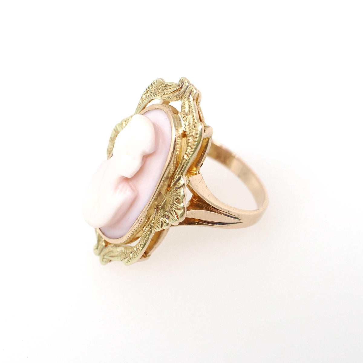 Art Nouveau Cameo Ring - Edwardian 10k Yellow Gold Carved Oval Coral Woman Profile - Circa 1910s Size 5 1/4 Shield Fine Statement Jewelry