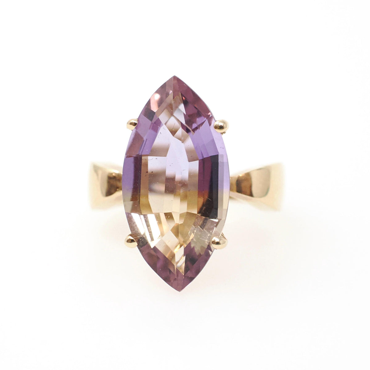 Modern Ametrine Ring - 14k Yellow Gold Purple Yellow 4.75 CT Bicolor Marquise Gemstone Solitaire - Circa 2000s Era Size 6 1/4 Fine Jewelry