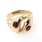 Vintage Double Snake Ring - Modernist 9k Two Red Glass Serpent Band - Circa 1970s Era Size 6 1/4 Coiled Animal Symbolic Cobra Fine Jewelry