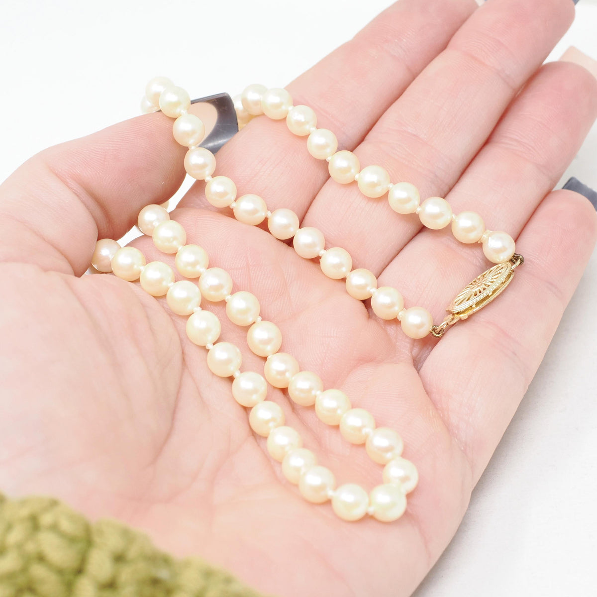 Cultured Pearl Necklace - Contemporary 14k Yellow Gold Fish Hook Clasp Knotted Strand - Estate Circa 1990s Organic Gem 16" Inch 90s Jewelry
