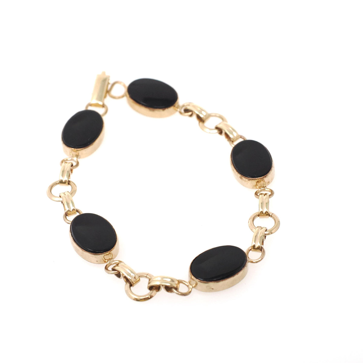 Simulated Onyx Bracelet - Mid Century 12k Gold Filled Oval Black Glass Stones - Circa 1960s Era 7 1/4 Inches Statement Accessory 60s Jewelry
