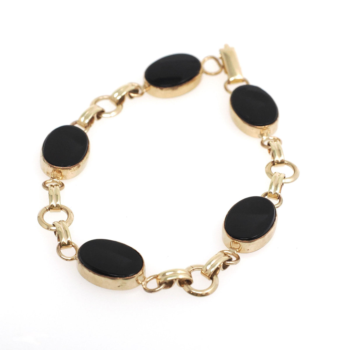 Simulated Onyx Bracelet - Mid Century 12k Gold Filled Oval Black Glass Stones - Circa 1960s Era 7 1/4 Inches Statement Accessory 60s Jewelry