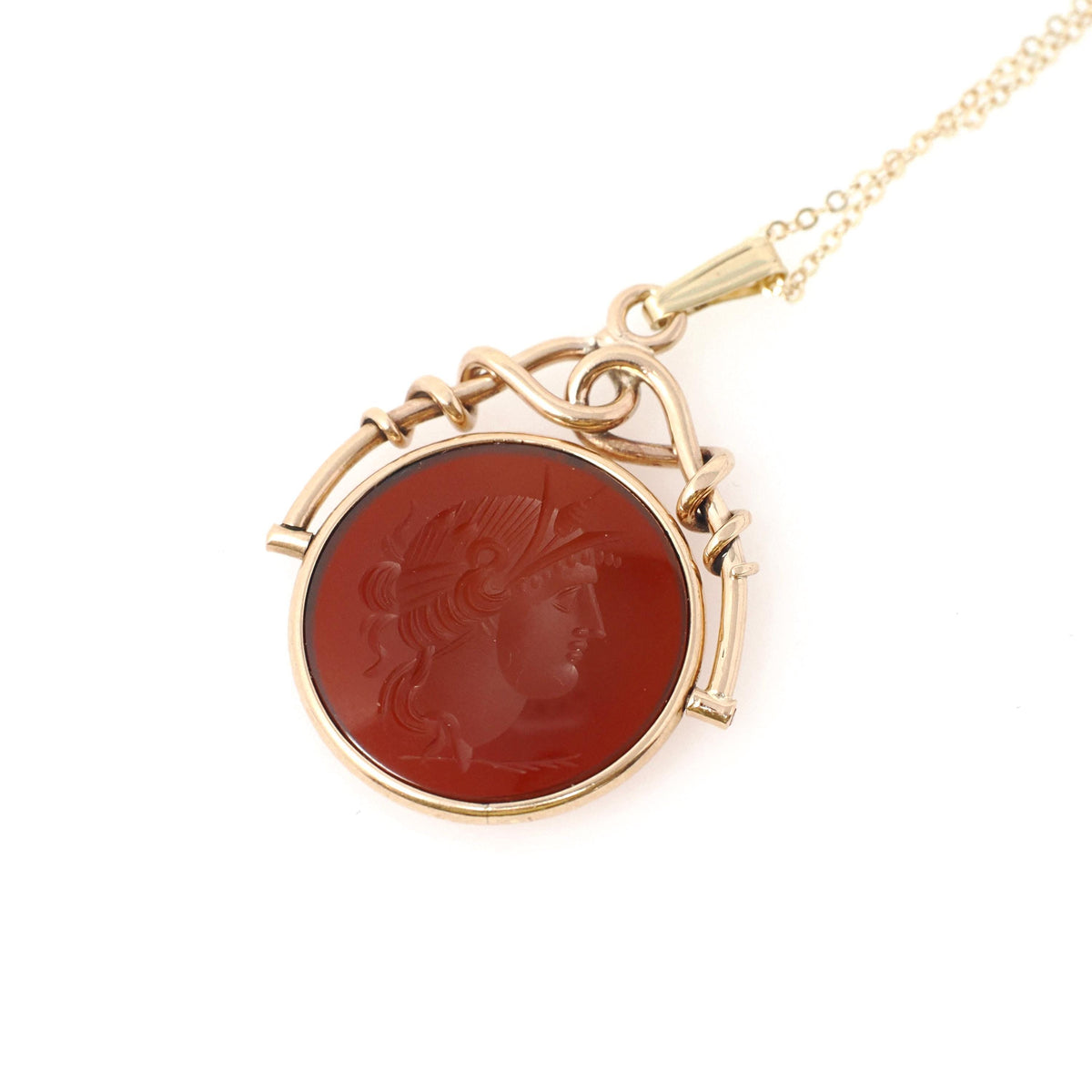 Antique Intaglio Pendant - Edwardian 10k Yellow Gold Carved Natural Carnelian Gem Necklace - Vintage Circa 1900s Era Warrior Fob Jewelry