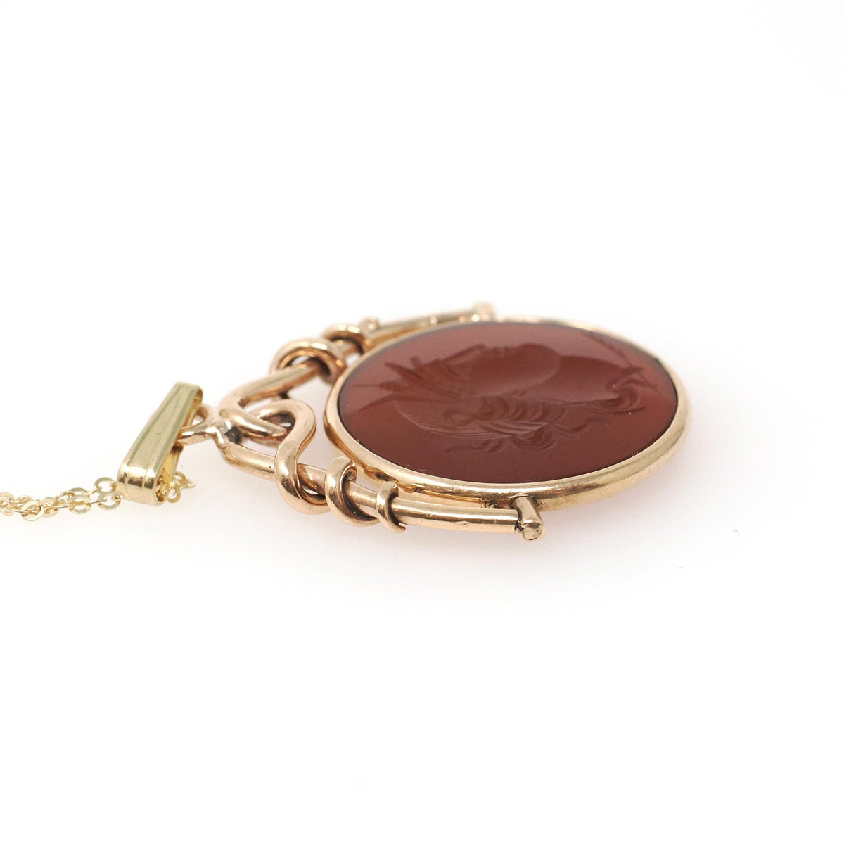 Antique Intaglio Pendant - Edwardian 10k Yellow Gold Carved Natural Carnelian Gem Necklace - Vintage Circa 1900s Era Warrior Fob Jewelry