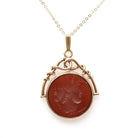 Antique Intaglio Pendant - Edwardian 10k Yellow Gold Carved Natural Carnelian Gem Necklace - Vintage Circa 1900s Era Warrior Fob Jewelry