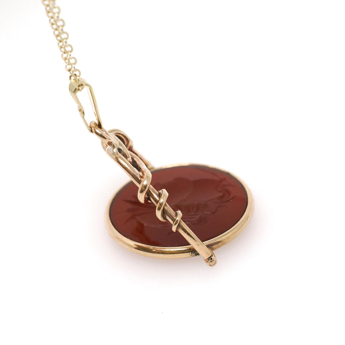 Antique Intaglio Pendant - Edwardian 10k Yellow Gold Carved Natural Carnelian Gem Necklace - Vintage Circa 1900s Era Warrior Fob Jewelry