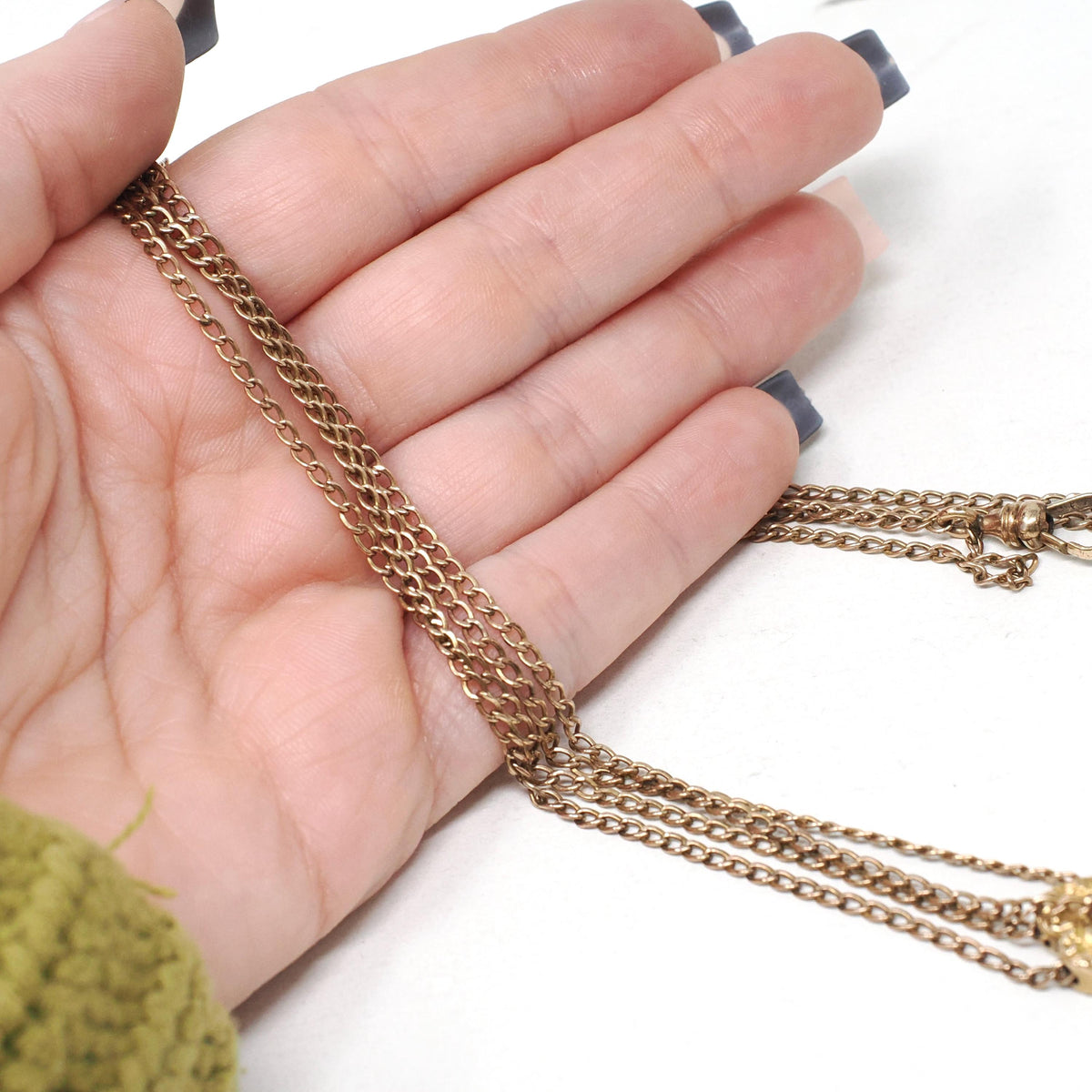 Antique Lorgnette Chain - Edwardian Gold Filled Red Glass Heart Necklace - Vintage Circa 1900s Era Curb Links Dog Clip Charm Slide Jewelry