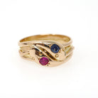 Antique Double Snake Ring - Edwardian Era 18k Gold Serpent Handmade Natural Blue Synthetic Pink Sapphire - Circa 1910s Size 8 Fine Jewelry