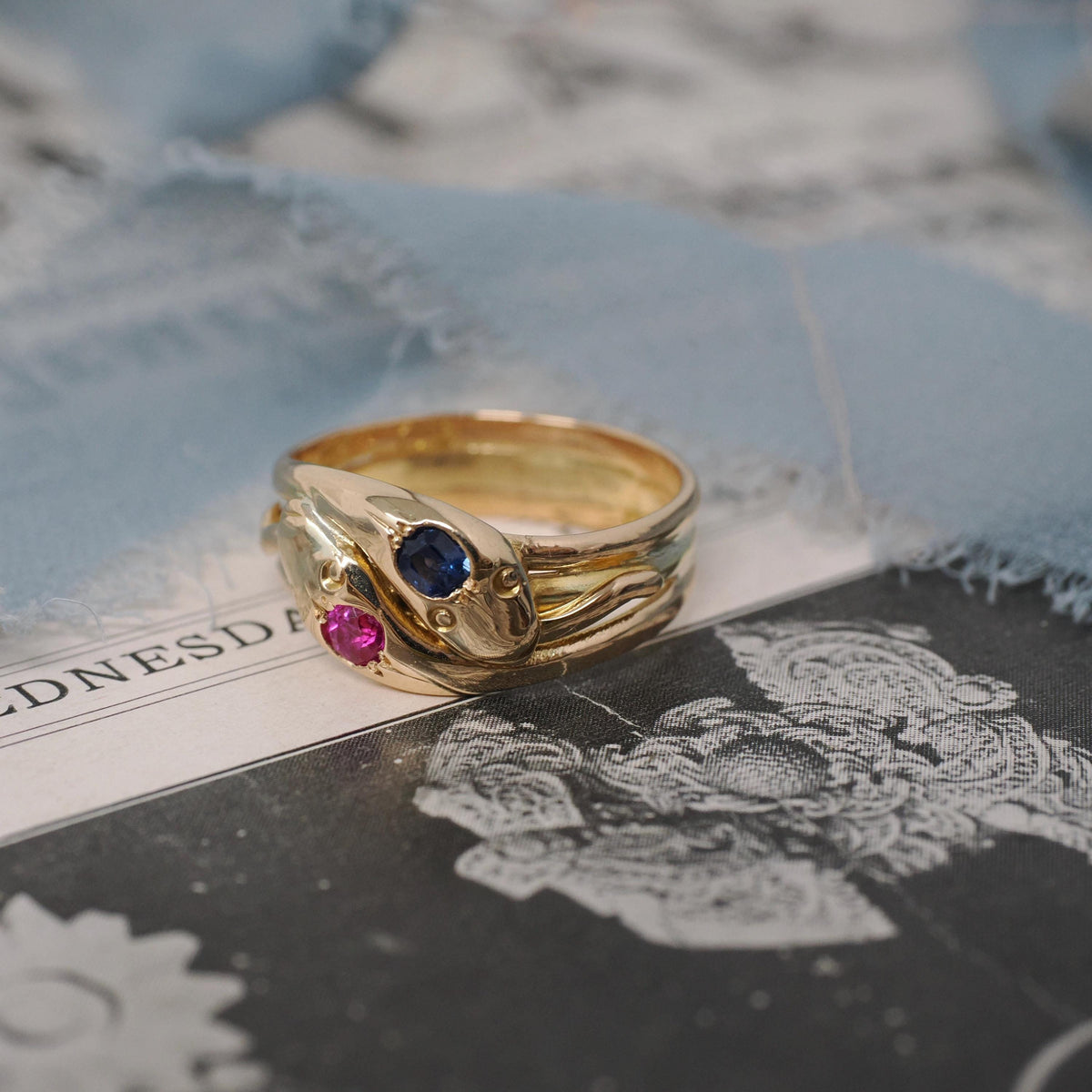 Antique Double Snake Ring - Edwardian Era 18k Gold Serpent Handmade Natural Blue Synthetic Pink Sapphire - Circa 1910s Size 8 Fine Jewelry