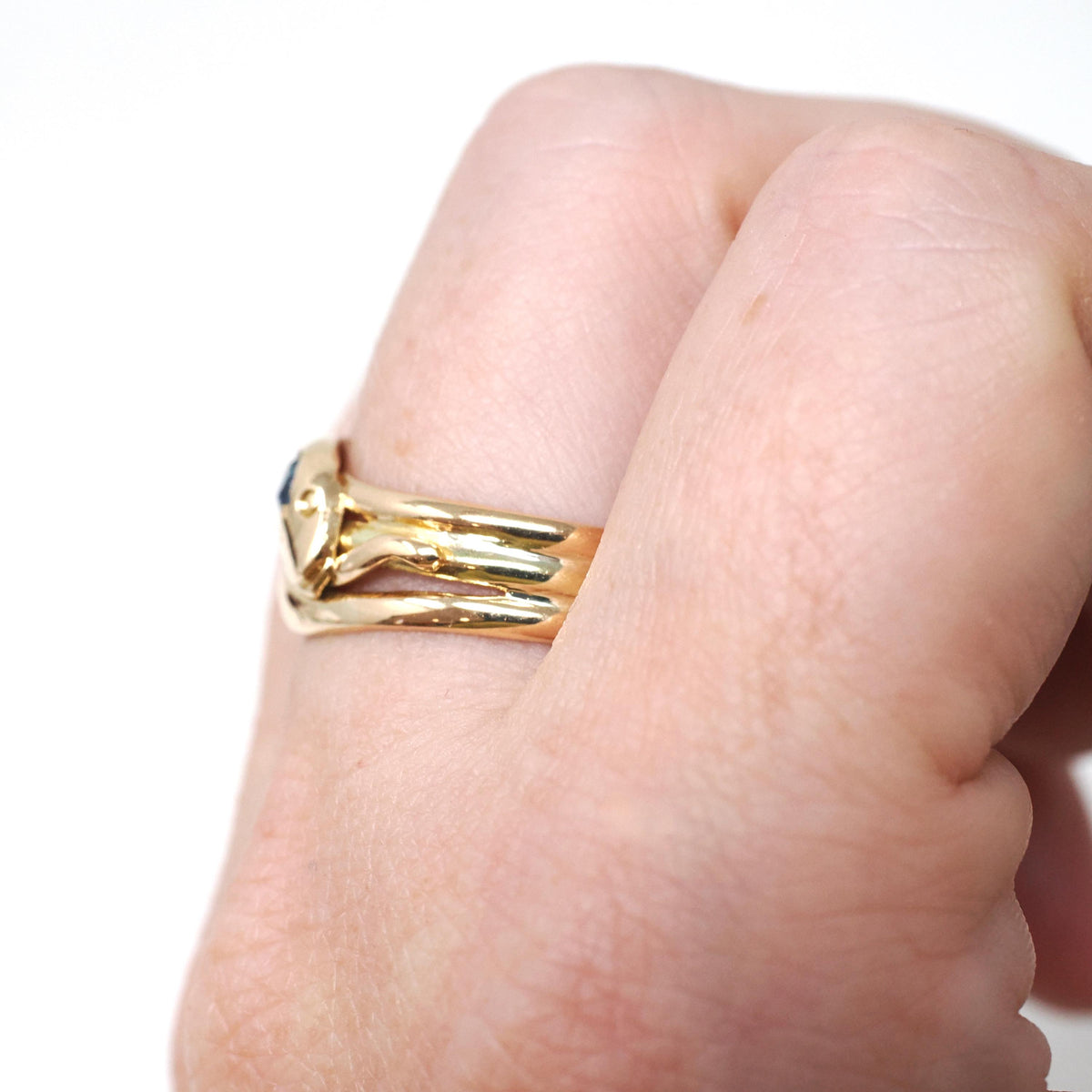 Antique Double Snake Ring - Edwardian Era 18k Gold Serpent Handmade Natural Blue Synthetic Pink Sapphire - Circa 1910s Size 8 Fine Jewelry