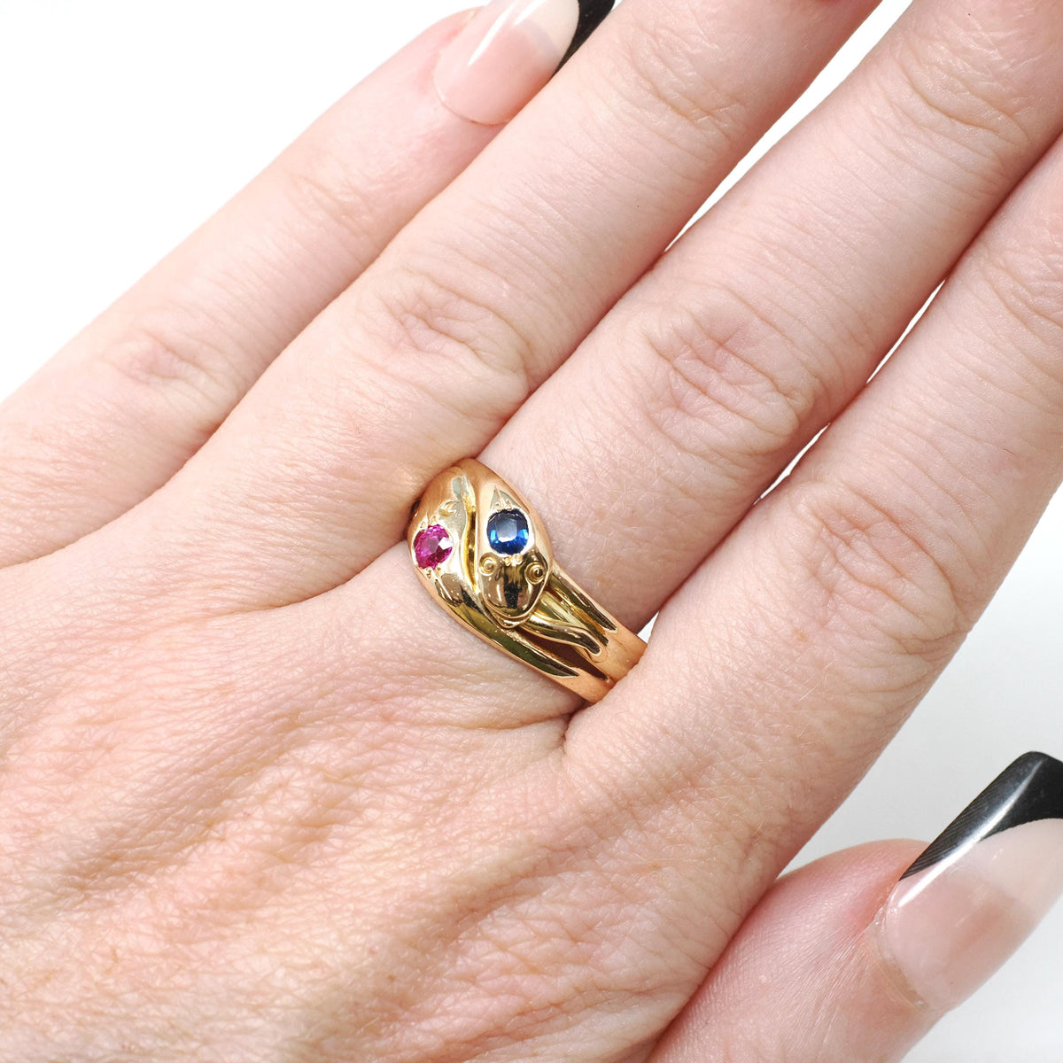 Antique Double Snake Ring - Edwardian Era 18k Gold Serpent Handmade Natural Blue Synthetic Pink Sapphire - Circa 1910s Size 8 Fine Jewelry