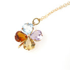 Multi Gemstone Charm - Contemporary 14k Yellow Gold Aquamarine Citrine & Amethyst Clover Necklace - Circa 1990s Era Fine Statement Jewelry