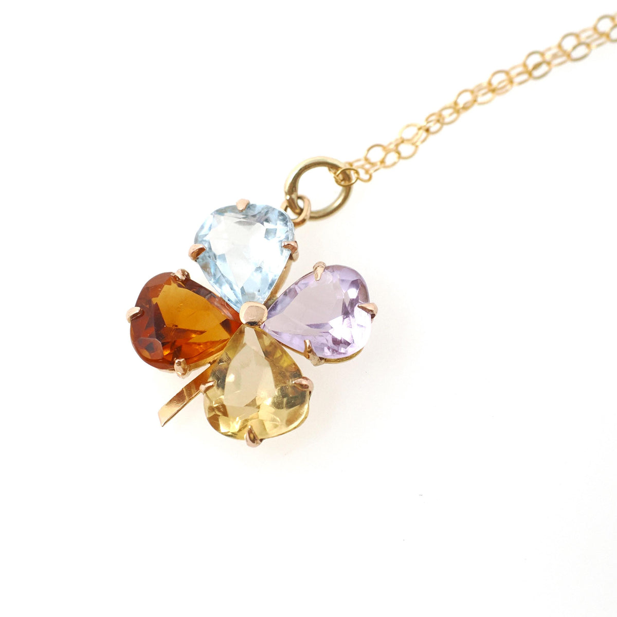 Multi Gemstone Charm - Contemporary 14k Yellow Gold Aquamarine Citrine & Amethyst Clover Necklace - Circa 1990s Era Fine Statement Jewelry
