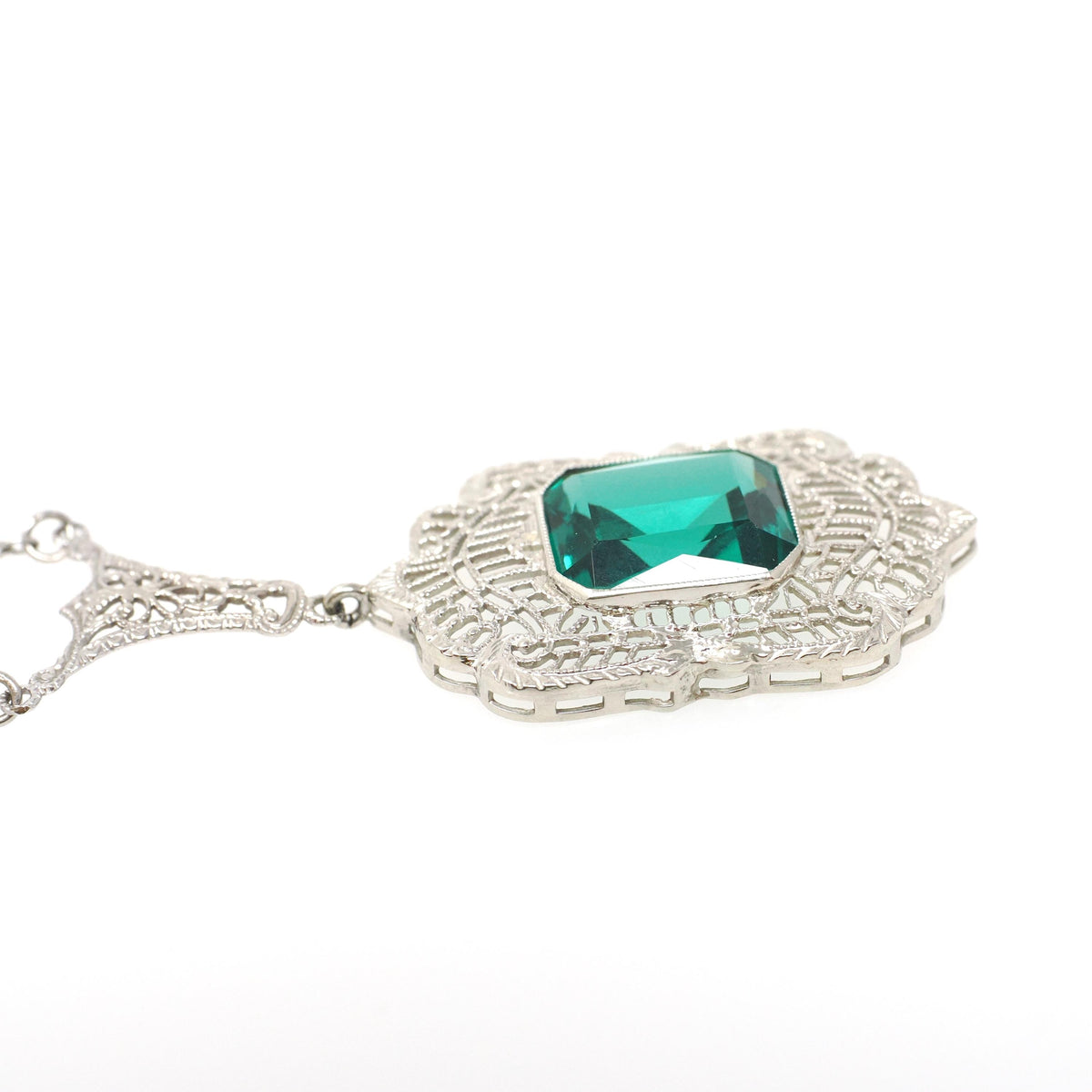 Art Deco Lavalier - Antique 14k White Gold Simulated Emerald Green Glass Necklace - Circa 1920s Era Filigree May Birthstone Fine Jewelry