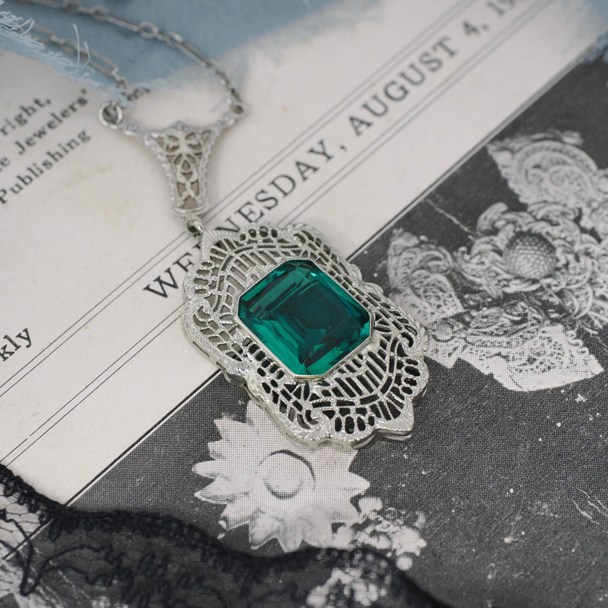 Art Deco Lavalier - Antique 14k White Gold Simulated Emerald Green Glass Necklace - Circa 1920s Era Filigree May Birthstone Fine Jewelry