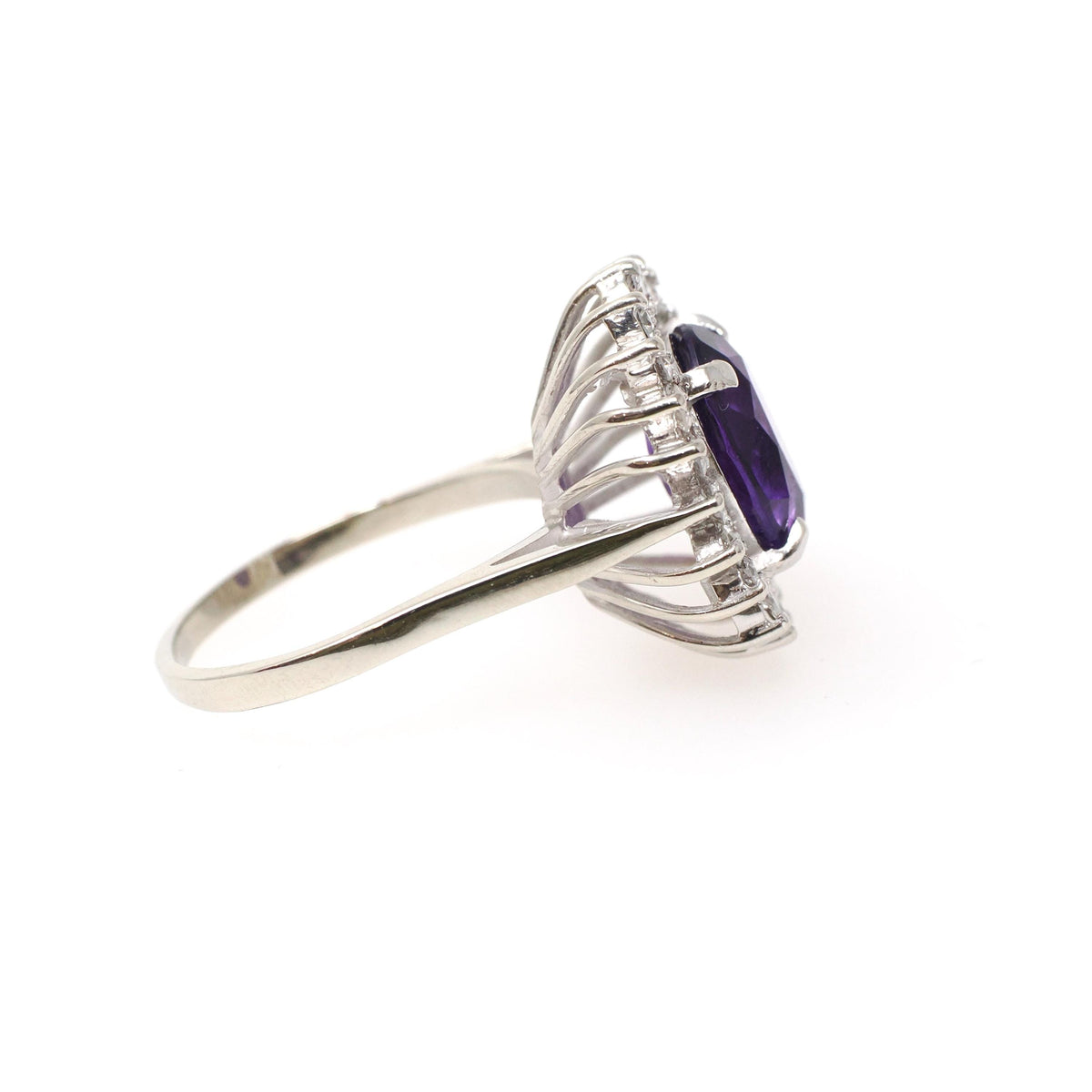 Amethyst Halo Ring - Contemporary 10k White Gold .80 CTW Diamond Accents Oval Gem - Circa 1990s Sz 8 1/2 February Birthstone Fine Jewelry