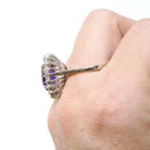Amethyst Halo Ring - Contemporary 10k White Gold .80 CTW Diamond Accents Oval Gem - Circa 1990s Sz 8 1/2 February Birthstone Fine Jewelry