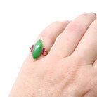 Vintage Jadeite Ring - Modernist 14k Yellow Gold Marquise Cut Natural Green Gemstone - Circa 1970s Era Size 4 Ruby Accent Fine Jewelry