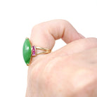 Vintage Jadeite Ring - Modernist 14k Yellow Gold Marquise Cut Natural Green Gemstone - Circa 1970s Era Size 4 Ruby Accent Fine Jewelry