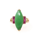 Vintage Jadeite Ring - Modernist 14k Yellow Gold Marquise Cut Natural Green Gemstone - Circa 1970s Era Size 4 Ruby Accent Fine Jewelry