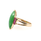 Vintage Jadeite Ring - Modernist 14k Yellow Gold Marquise Cut Natural Green Gemstone - Circa 1970s Era Size 4 Ruby Accent Fine Jewelry