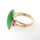 Vintage Jadeite Ring - Modernist 14k Yellow Gold Marquise Cut Natural Green Gemstone - Circa 1970s Era Size 4 Ruby Accent Fine Jewelry