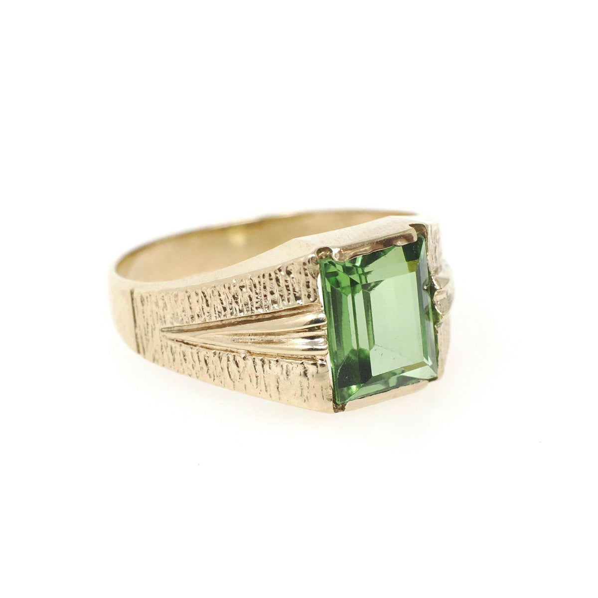 Spinel Triplet Ring - Modernist 10k Yellow Gold Green Synthetic Stone - Vintage Circa 1960s Era Size 7.25 Textured Style Fine Jewelry