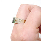 Spinel Triplet Ring - Modernist 10k Yellow Gold Green Synthetic Stone - Vintage Circa 1960s Era Size 7.25 Textured Style Fine Jewelry