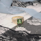 Spinel Triplet Ring - Modernist 10k Yellow Gold Green Synthetic Stone - Vintage Circa 1960s Era Size 7.25 Textured Style Fine Jewelry