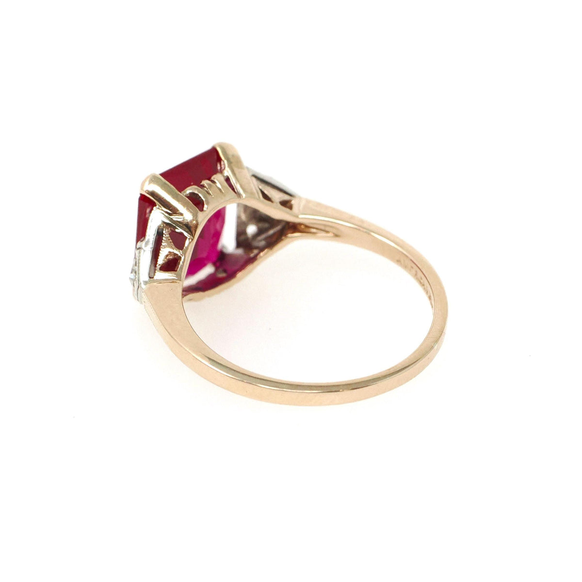 Created Ruby Ring - Retro 14k Yellow Gold Red Stone Natural Diamonds .04 CTW - Circa 1940s Size 6 1/4 Fine Two Tone July Birthstone Jewelry