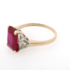 Created Ruby Ring - Retro 14k Yellow Gold Red Stone Natural Diamonds .04 CTW - Circa 1940s Size 6 1/4 Fine Two Tone July Birthstone Jewelry