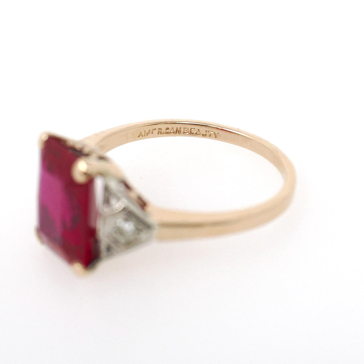 Created Ruby Ring - Retro 14k Yellow Gold Red Stone Natural Diamonds .04 CTW - Circa 1940s Size 6 1/4 Fine Two Tone July Birthstone Jewelry