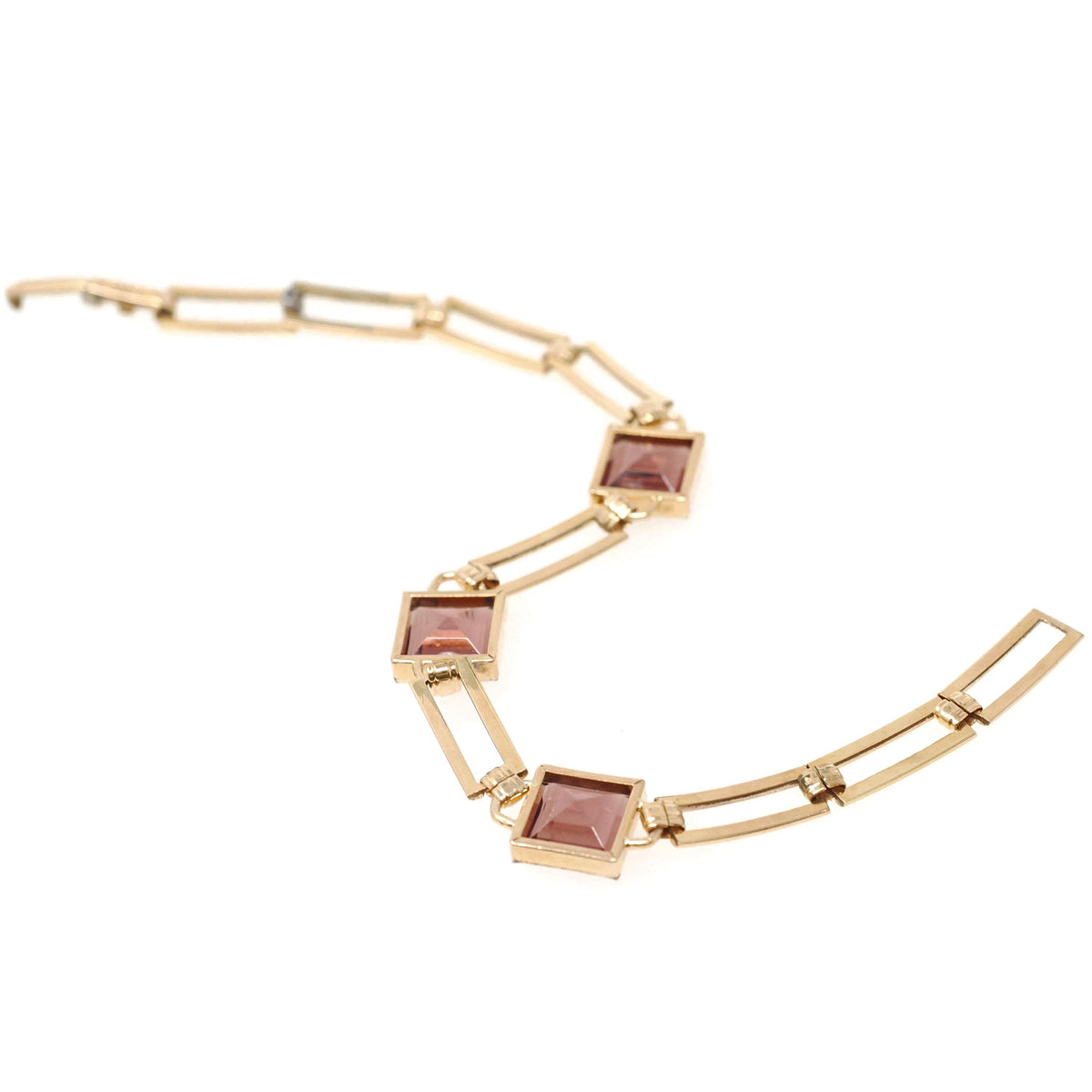 Vintage Glass Bracelet - Retro Gold Filled Square Cut Faceted Purple Glass Stones - Circa 1940s Era Gate Link Fold Over Clasp Jewelry