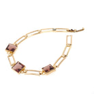 Vintage Glass Bracelet - Retro Gold Filled Square Cut Faceted Purple Glass Stones - Circa 1940s Era Gate Link Fold Over Clasp Jewelry